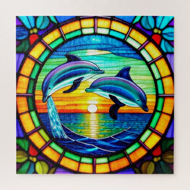 Rompecabezas de vidrio teñido Dolphin Sunrise para (Vertical)