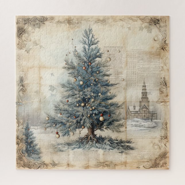 Rompecabezas del árbol de Navidad azul vintage (Vertical)