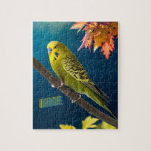 Rompecabezas del árbol otoñal Vibrant Budgie Bird