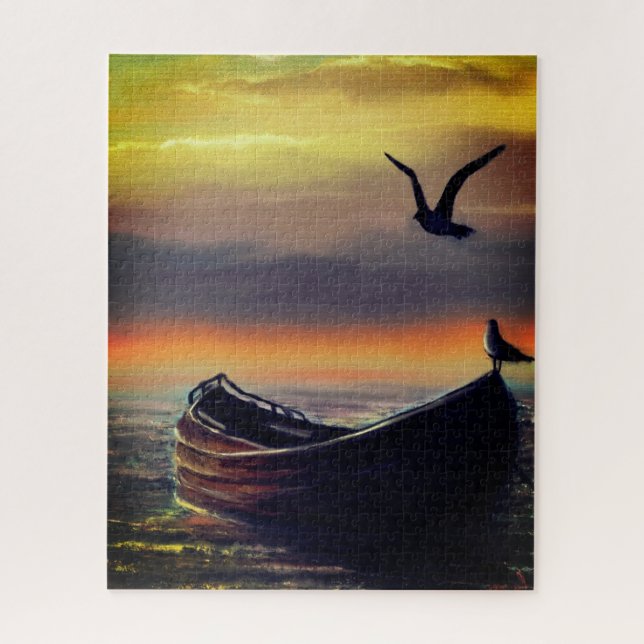 Rompecabezas del barco con puesta de sol en el mar (Vertical)