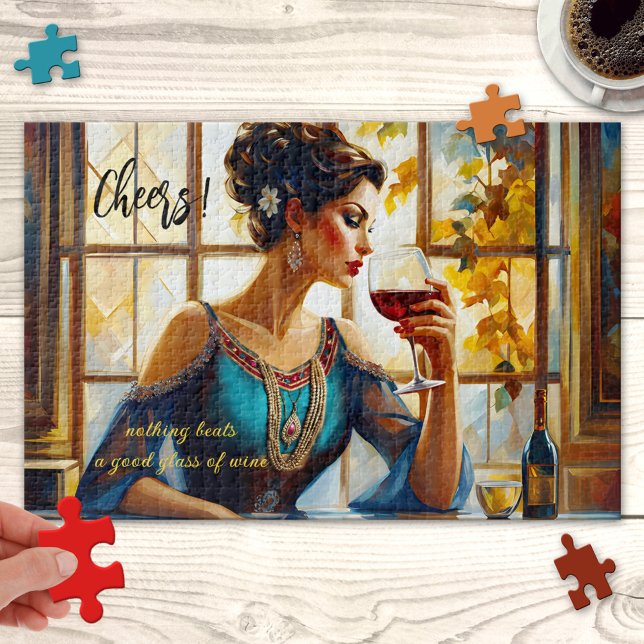 Rompecabezas del Bella Artes divertido Red Wine (Puzzle featuring a colorful painting of a lady drinking a glass of red wine.)