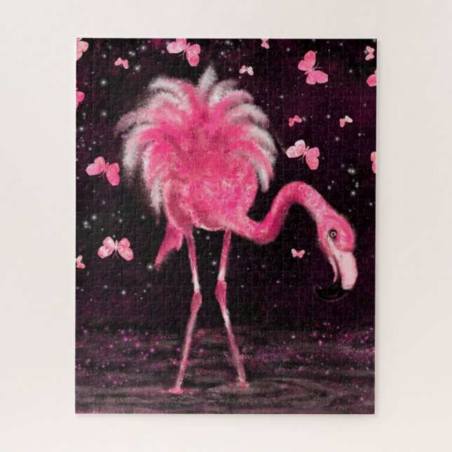Rompecabezas del Flamingo Rosa y las Mariposas (Vertical)