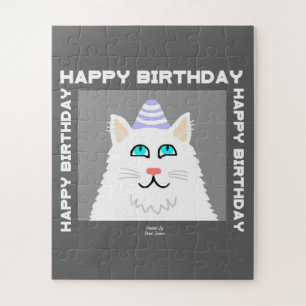 Rompecabezas del gato blanco fluffy de cumpleaños