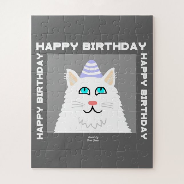 Rompecabezas del gato blanco fluffy de cumpleaños (Vertical)