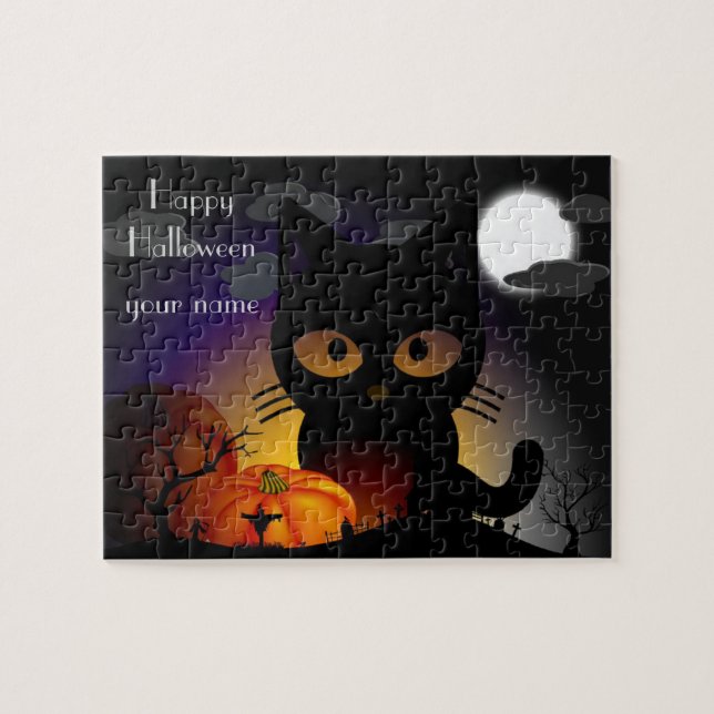 Rompecabezas del gato negro de Halloween Personali (Horizontal)