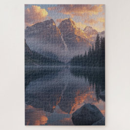 Rompecabezas del lago de la montaña al atardecer