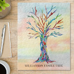 Rompecabezas del rompecabezas del árbol de la fami<br><div class="desc">Este elegante rompecabezas está decorado con un colorido diseño de árbol familiar sobre fondo acuático. Personalizable fácilmente con tu apellido. Porque creamos nuestra propia obra de arte no encontrarás esta imagen exacta de otros diseñadores. Mosaico original y acuarela © Michele Davies.</div>