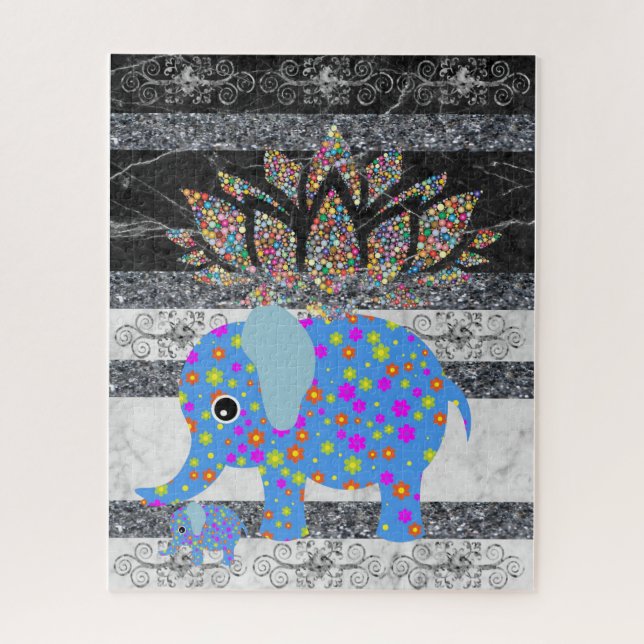 Rompecabezas Elefante Azul Floral de Mármol Blanco (Vertical)