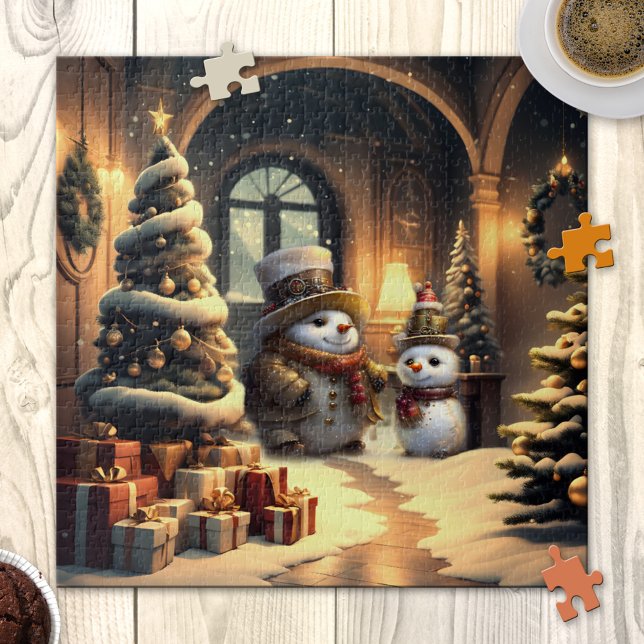 Rompecabezas entre los Navidades de Snowman (Puzzle featuring a cute Christmas scene with steampunk snowmen. )
