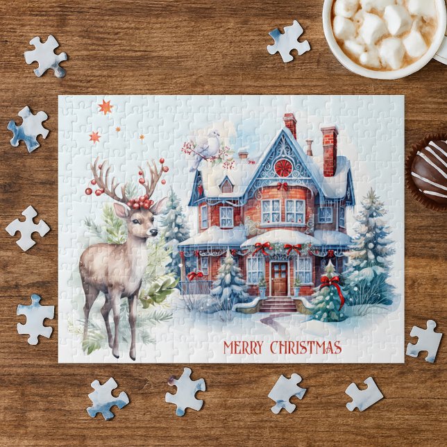 Rompecabezas entre los Navidades domésticos de Dee (Christmas puzzle showing a cute gingerbread like home with white dove and deer in a watercolor style)