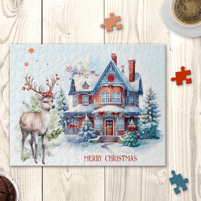 Rompecabezas entre los Navidades domésticos de Dee (Christmas puzzle showing a cute gingerbread like home with white dove and deer in a watercolor style)