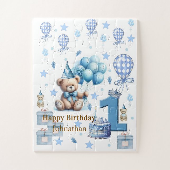 Rompecabezas Feliz cumpleaños 1 Teddy Bear Azul (Vertical)