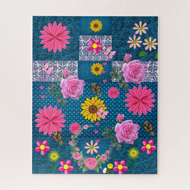 Rompecabezas Floral azul rosa rosa (Vertical)