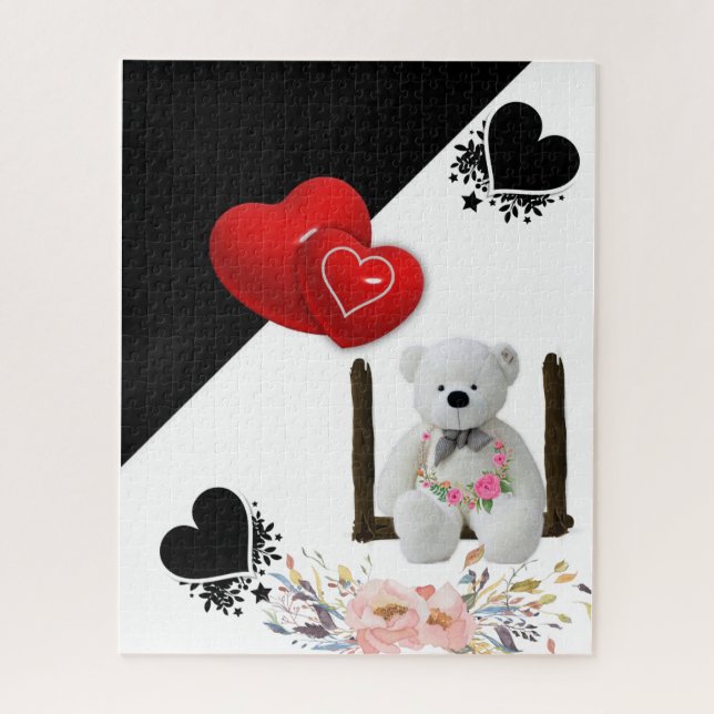 Rompecabezas Floral Blanco Teddy Oso Corazón Rojo (Vertical)