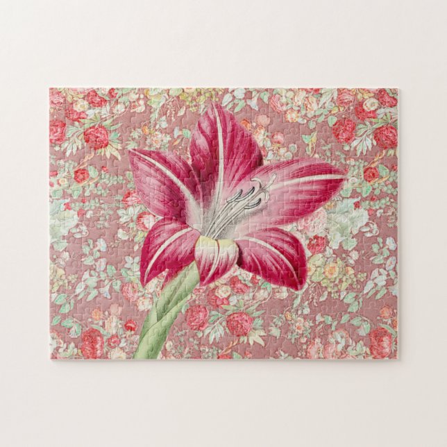 Rompecabezas floral rosado con estilo vintage Lily (Horizontal)