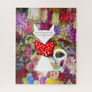 Rompecabezas Floral White Cat Red Bow Tie