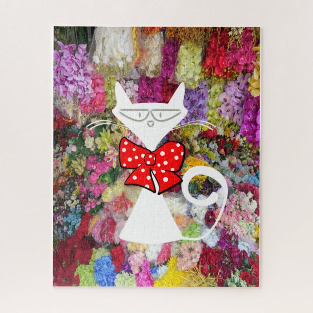 Rompecabezas Floral White Cat Red Bow Tie (Vertical)