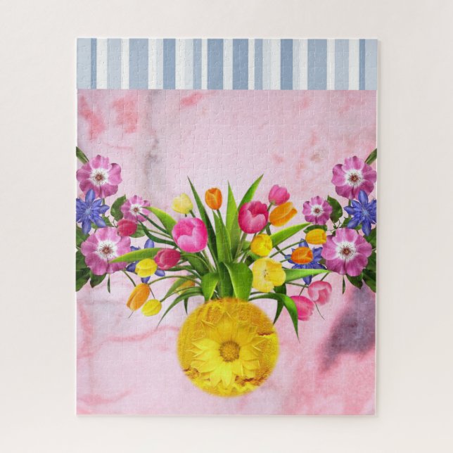 Rompecabezas Flores Florales De Mármol Rosa Stripe (Vertical)