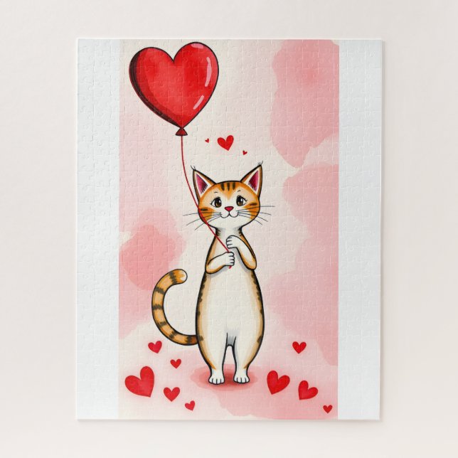 Rompecabezas Gato Corazones Rojos Feliz Día de San (Vertical)