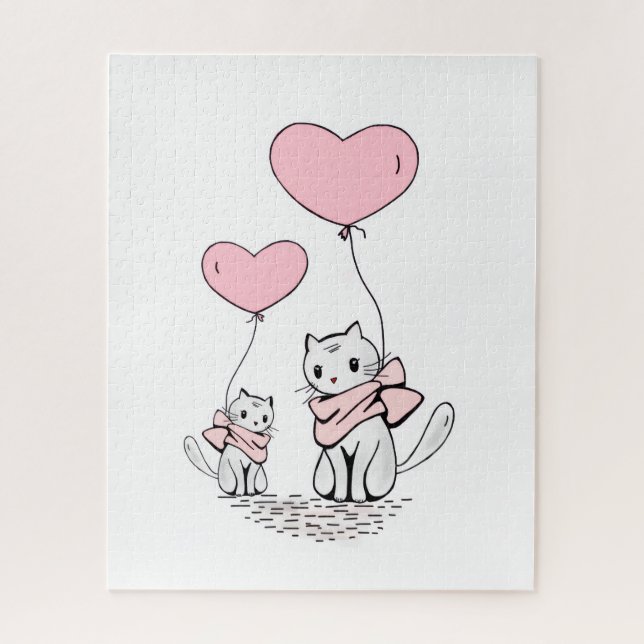 Rompecabezas Gato Corazones Rosados Feliz Día de S (Vertical)