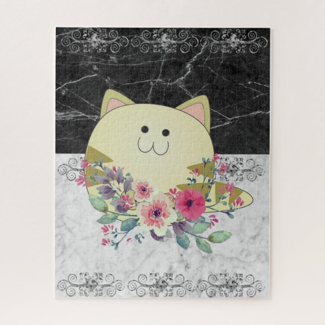 Rompecabezas Gato Floral Rosa Mármol Blanco y Negr (Vertical)