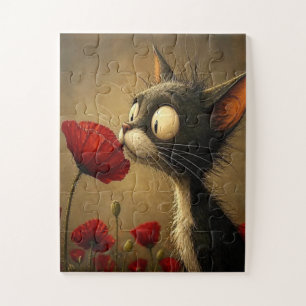 Rompecabezas Gato Negro Lindo Flor Roja Floral