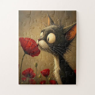 Rompecabezas Gato Negro Lindo Flor Roja Floral