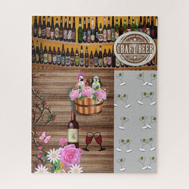 Rompecabezas Gris Martini Gafas Cerveza Vino Flora (Vertical)
