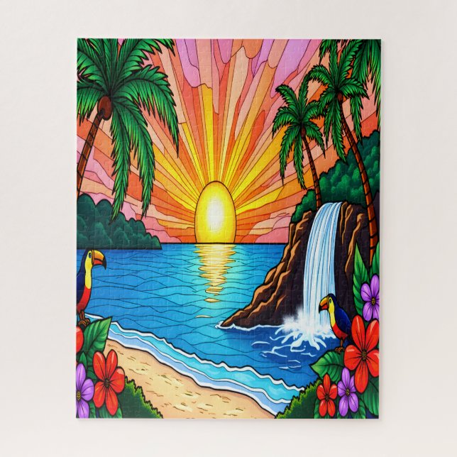 Rompecabezas inspirado en vidrio tintado tropical (Vertical)