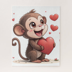 Rompecabezas Mono Corazones Rojos Feliz Día de San