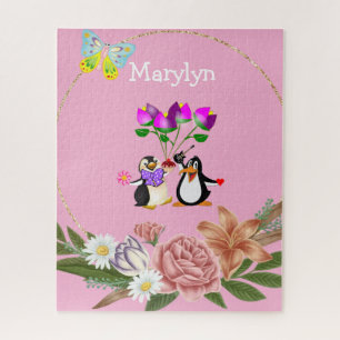 Rompecabezas Monograma Pingüino Floral Rosa