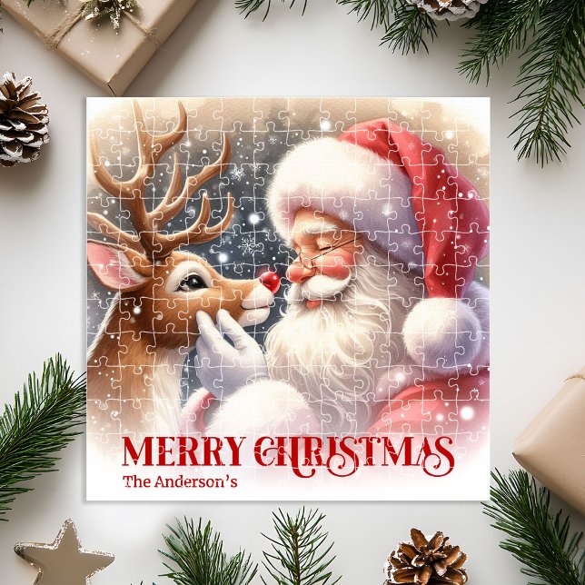 Rompecabezas navideño de Santa Vintage y Rudolph d (Vintage Santa and Red Nose Rudolph Holiday Puzzle)