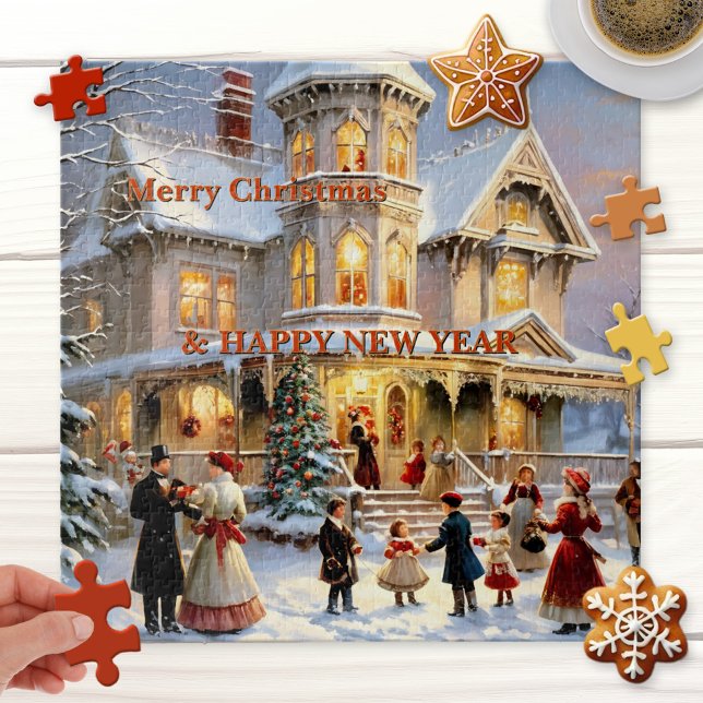 Rompecabezas navideño festivo (Puzzle featuring a fun vintage illustration of happy people around a festively lit Christmas tree )