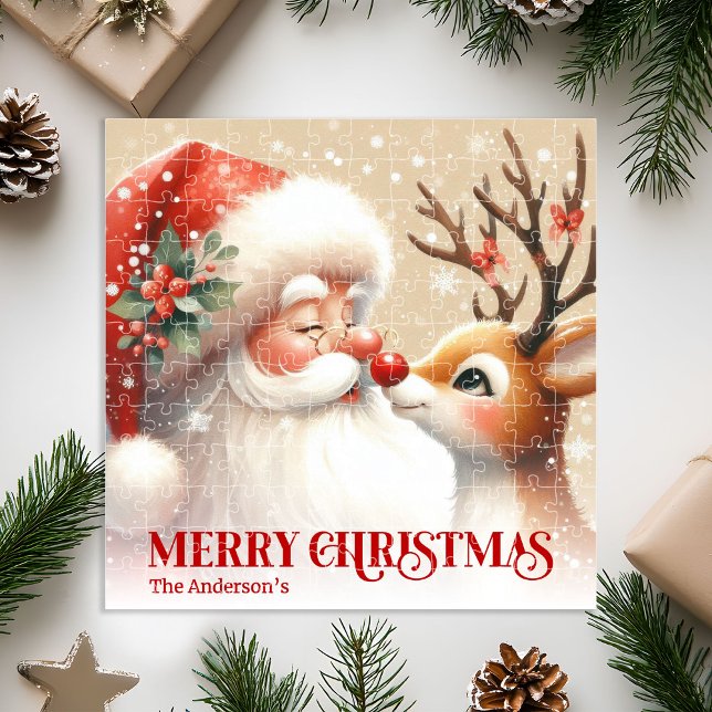Rompecabezas Navideño Personalizado Adorable Santa (Adorable Santa Rudolph Personalized Holiday Puzzle)