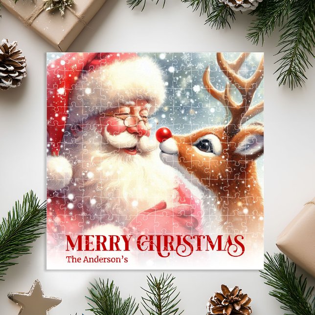Rompecabezas Navideño Personalizado de Santa y Rud (Personalized Santa and Rudolph Kids Xmas Puzzle Gift)