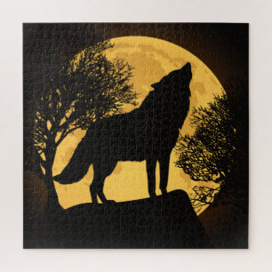 Rompecabezas negro y amarillo de lobo y luna