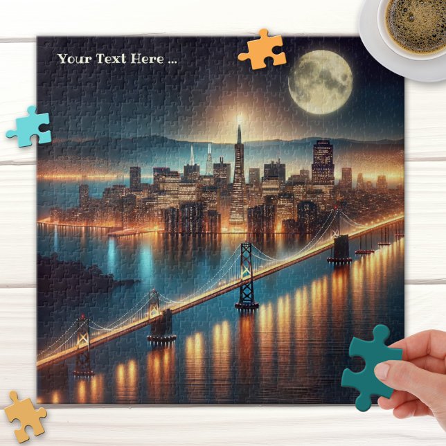 Rompecabezas nocturno de San Francisco (Puzzle featuring a painting of a fantasy scene inspired by San Francisco, with a full moon at night)
