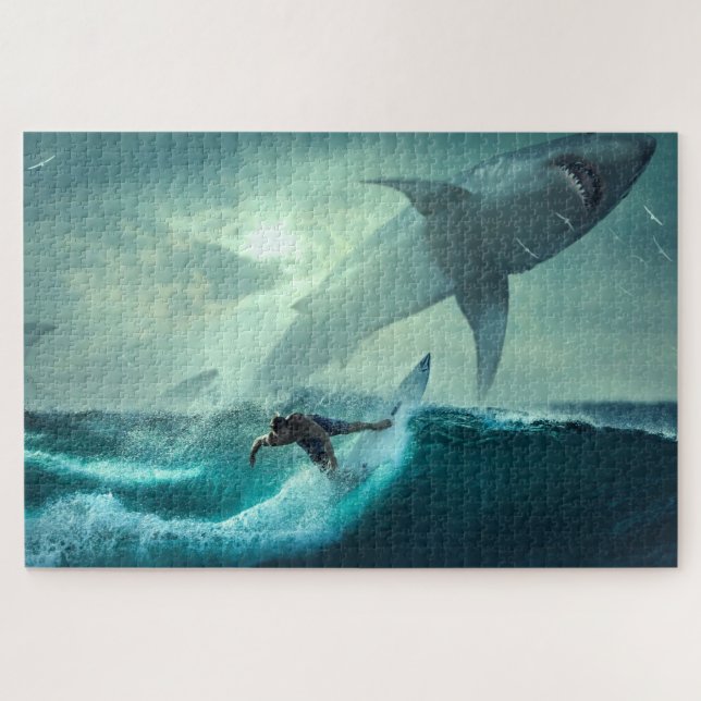 Rompecabezas Oceánico de Tiburón y Surfista (Horizontal)