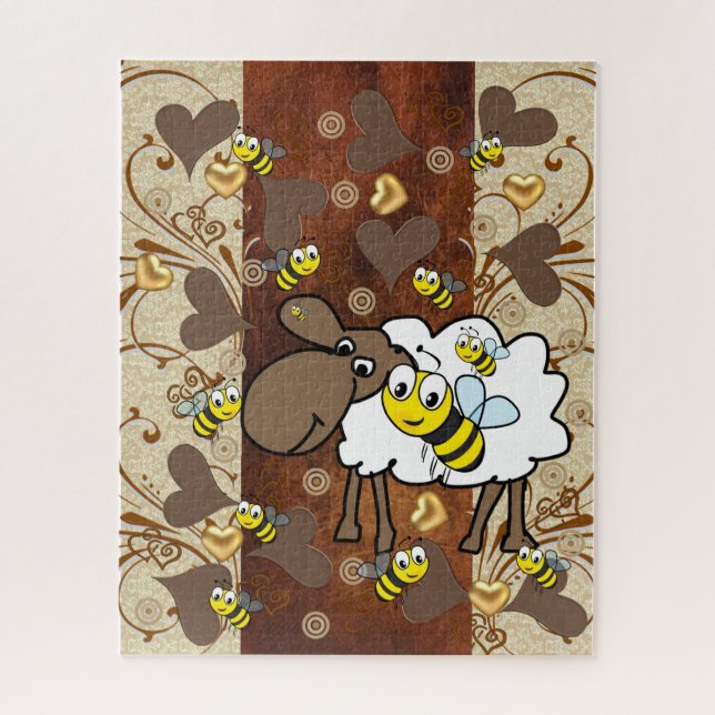 Rompecabezas Ovejas Bumblebee Floral Brown Hearts (Vertical)