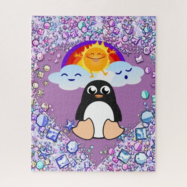 Rompecabezas Penguin Rainbow Hearts Happy Valentin (Vertical)