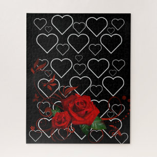 Rompecabezas Rojo Rojo Floral Corazón blanco y neg