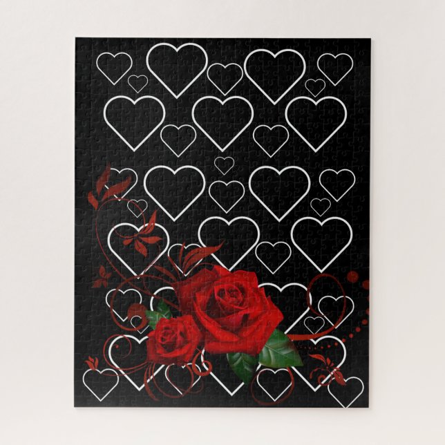 Rompecabezas Rojo Rojo Floral Corazón blanco y neg (Vertical)