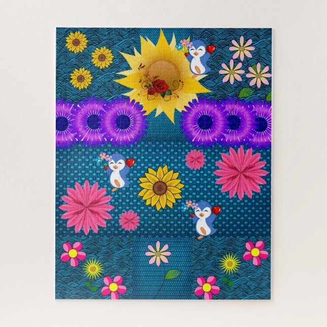 Rompecabezas Rojo Rosa Floral Pingüino Azul (Vertical)