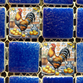 Rooster and Lemons Azulejo Style Blue Orange Cream