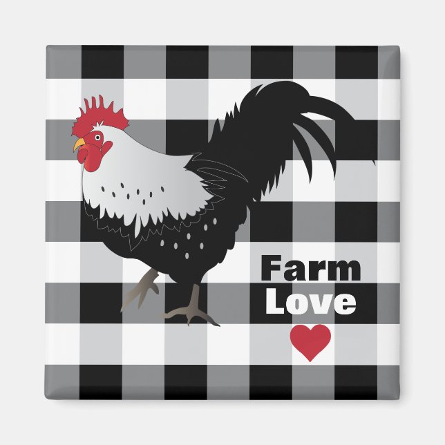 Rooster con imán frigorífico Black White Check (Frente)