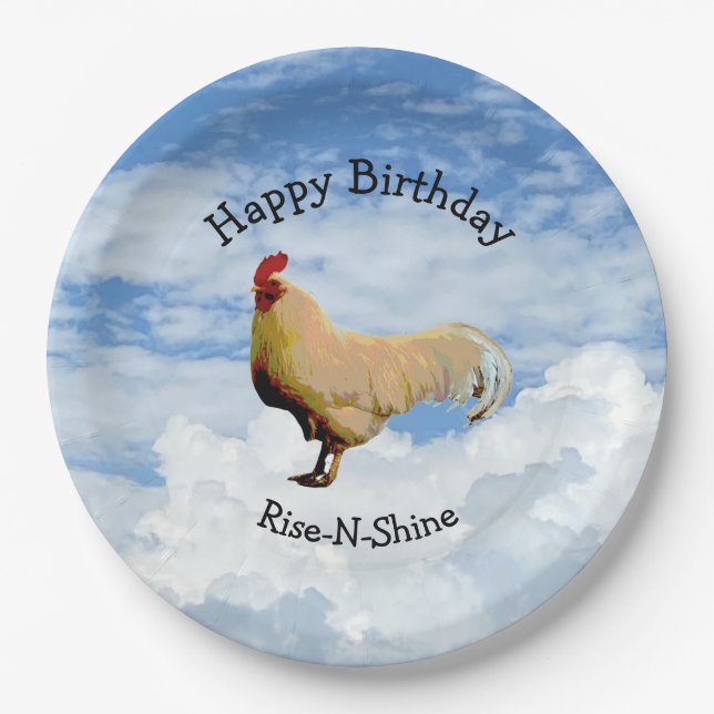 ROOSTER SKY CLOUDS FELIZ PLATO DE PAPEL DE CUMPLEA (Anverso)
