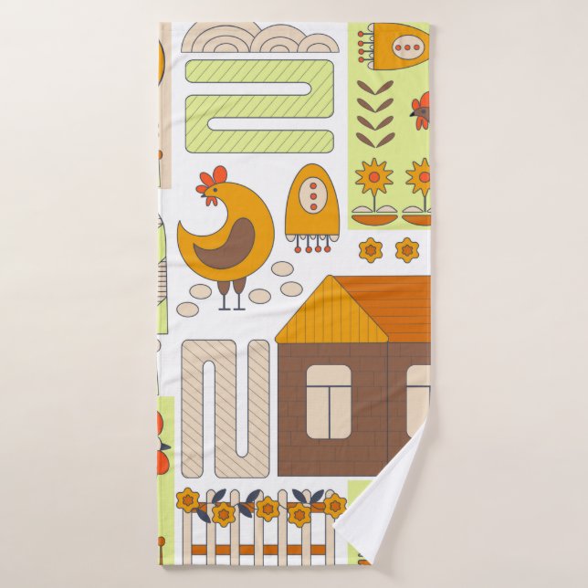 Rooster y dos gallinas, huevos, flores, casa, cajó (Toalla de baño)