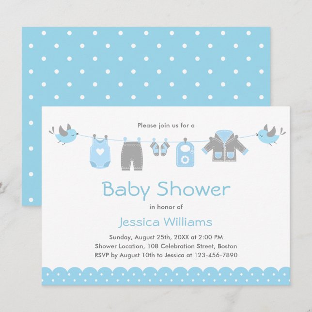 Ropa azul suave | Invitación de Boy Baby Shower (Anverso / Reverso)