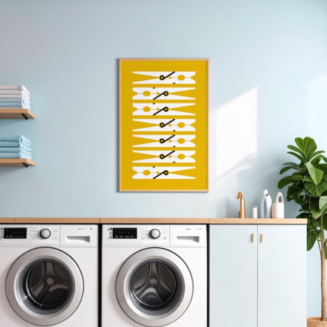 Ropa de Gráfica Amarilla Pins Lavandería Arte de s (retro mustard yellow and white modern graphic clothes pins art for a fun laundry room)