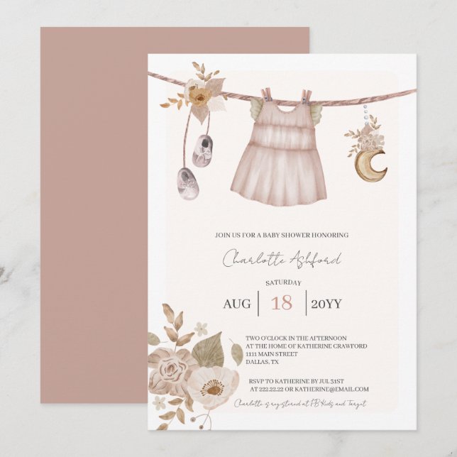 Ropa de niña Invitación boho para baby shower (Anverso / Reverso)